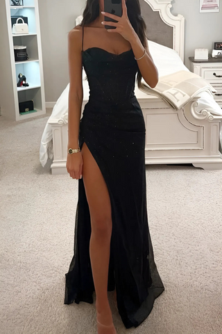 Spaghetti Strap High Split Floor Evening Dress