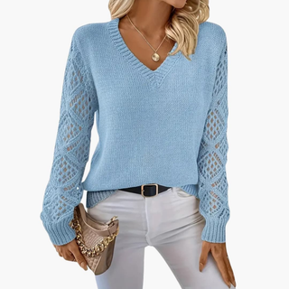 Women's Fine Knit Sweater with V-Neck and Long Sleeves