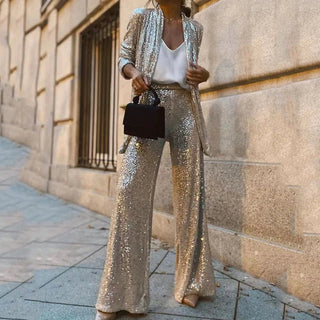 Two-Piece Sequin Set with High-Waisted Pants