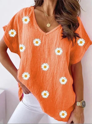 Casual V-Neck T-Shirt with 3D Floral Print