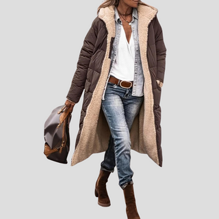 Women’s Long Reversible Winter Coat – Hooded with Teddy Lining