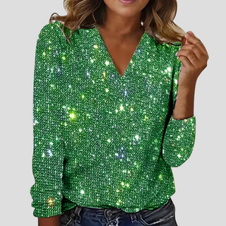 Elegant V Neck Glitter Blouse with Long Sleeves
