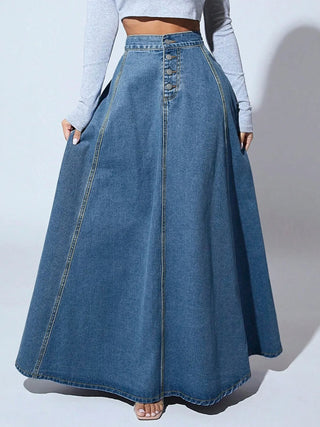 Women's Denim A-Line Skirt with Button Closure