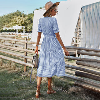 Striped Summer Dress with Lantern Sleeves and V-Neck