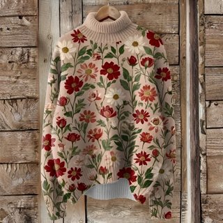 Vintage Christmas Art Print Knit Turtleneck Pullover Sweater – Festive Style for Colder Days