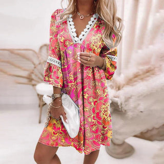 Bohemian Dress with V-Neck and Lace Details