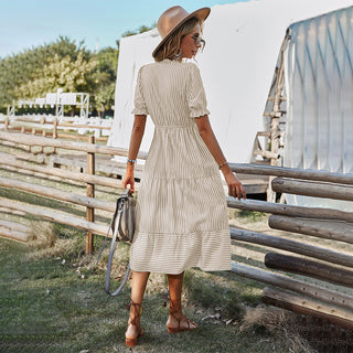 Striped Summer Dress with Lantern Sleeves and V-Neck