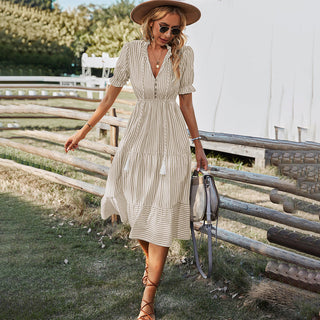 Striped Summer Dress with Lantern Sleeves and V-Neck