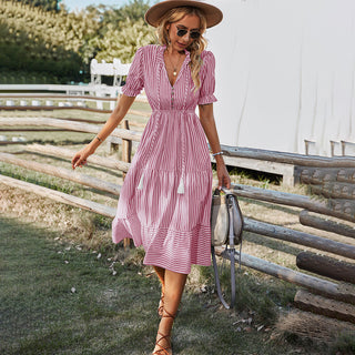 Striped Summer Dress with Lantern Sleeves and V-Neck