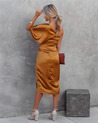 Satin Midi Dress with One-Shoulder Design and Elegant Ruffles