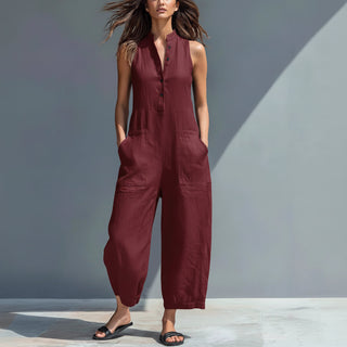Sleeveless V-Neck Jumpsuit With Pockets Casual Wide-Leg Trousers