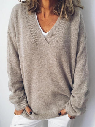 Apricot V-Neck Long-Sleeve Sweater – Casual Solid Style for Everyday Wear