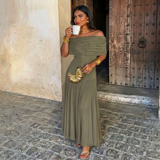 Off-Shoulder Sheer Maxi Dress High Waist Short Sleeve