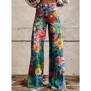 Women’s Long Denim Pants – Ritan Floral & Solid Prints