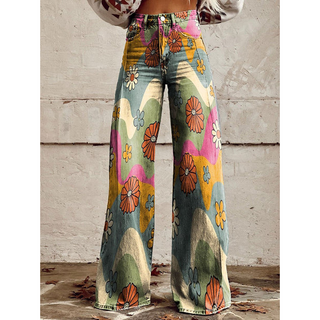 Women’s Long Denim Pants – Ritan Floral & Solid Prints