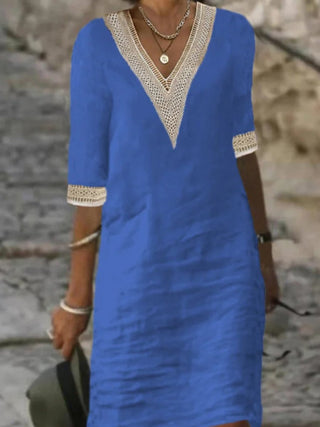 Women's Casual Dress Linen Blend V-Neck Lace Trim
